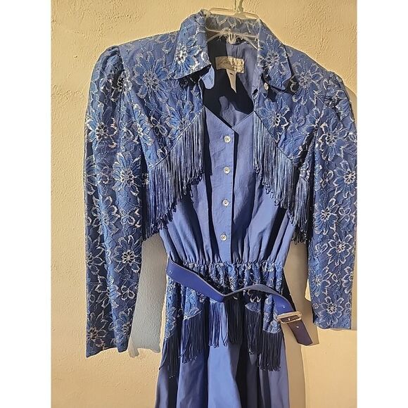 Vtg Lilia Smitty Exclusive Blue Silver Lace Fringe Lace Western Rodeo Dress 9-10 - Picture 2 of 5